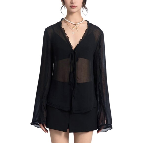 Womens Black Sheer Mesh Tie Front Lace V Neck Ruffle Slim Fit Summer Blouse - Picture 1 of 6